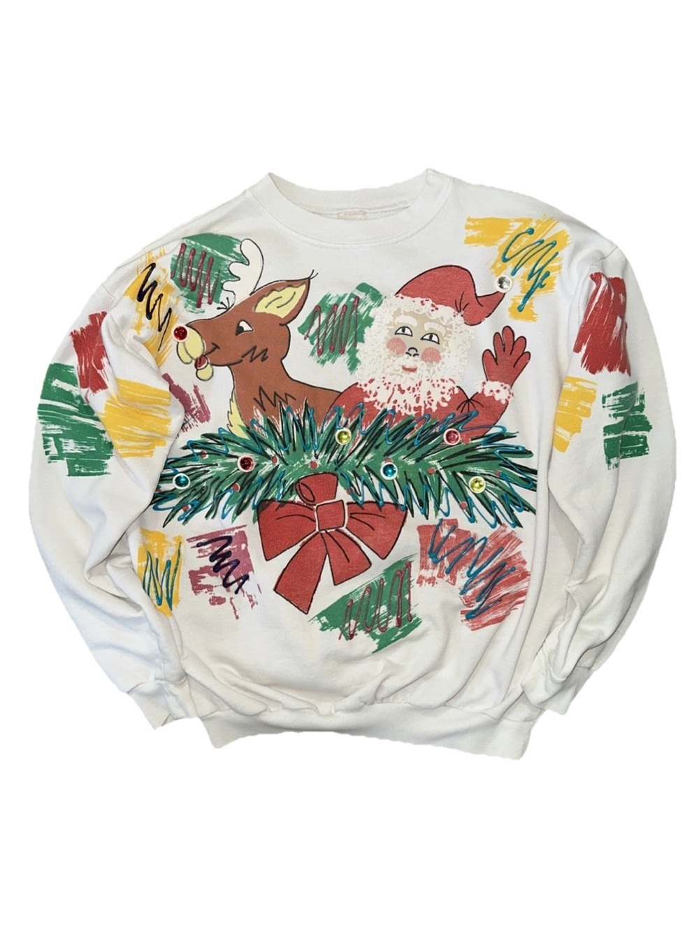 Vintage White Holiday Santa & Reindeer Crewneck Sweatshirt